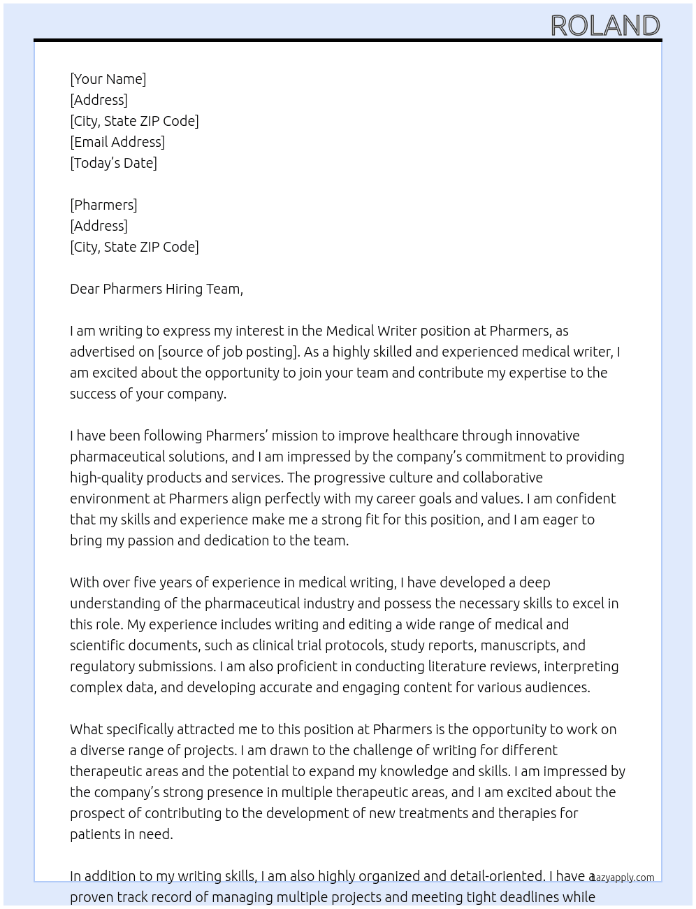 medical writer At pharmers Cover Letter