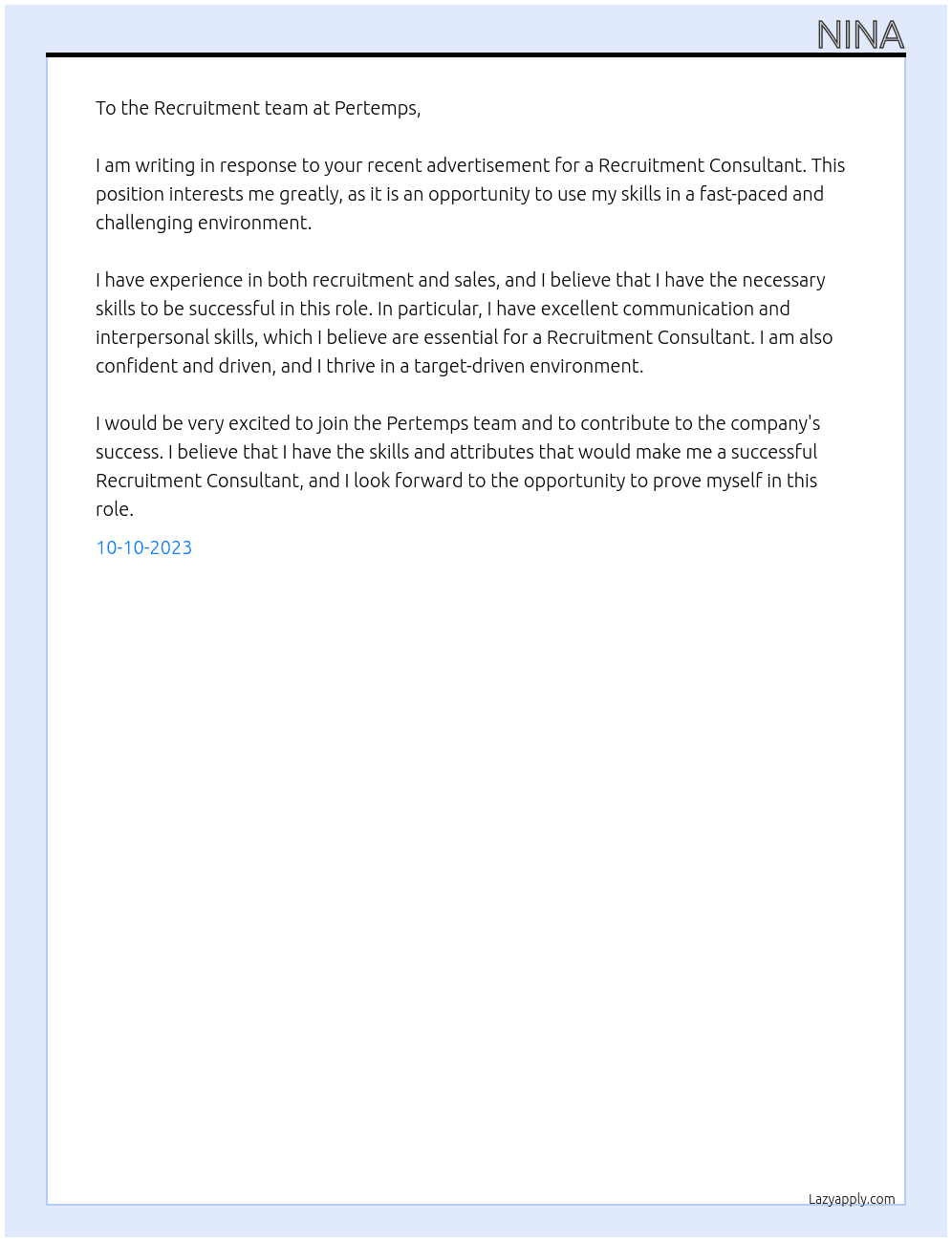 Recruitment consultant At Pertemps Cover Letter