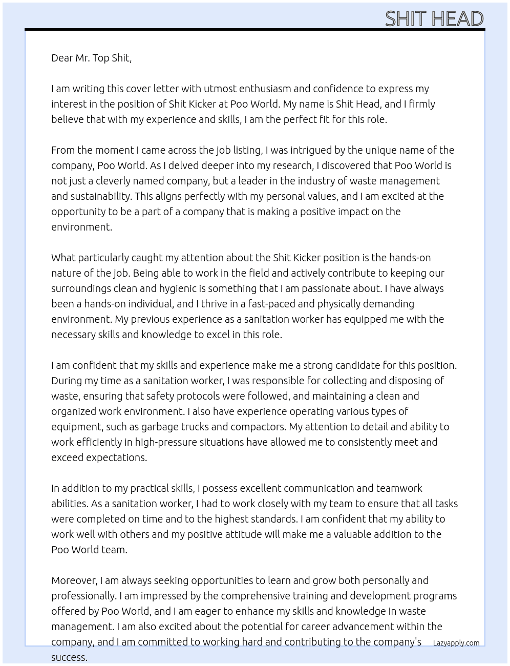 Shit kicker At Poo World Cover Letter