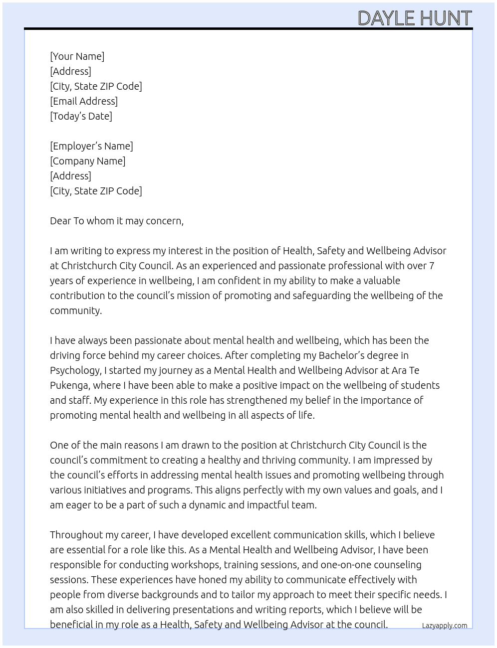 Health, Safety and Wellbeing Advisor At Christchurch City Council Cover Letter