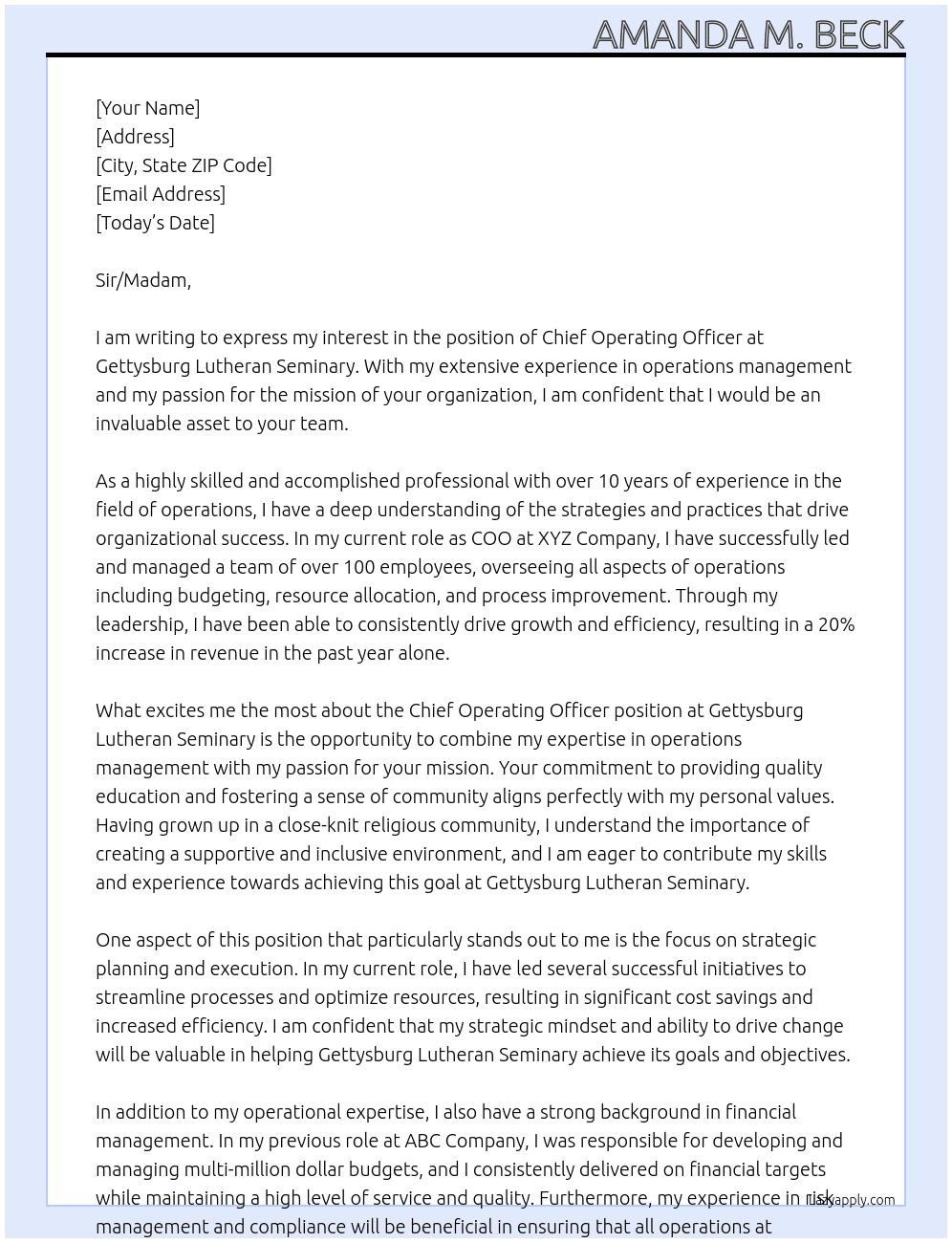 Chief Operating Officer At Gettysburg Lutheran Seminary Cover Letter