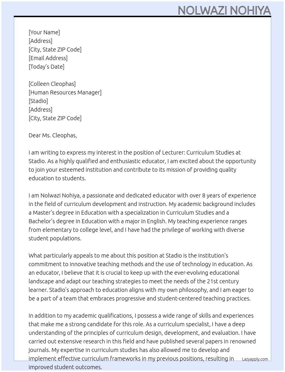LECTURER: Curriculum Studies  At Stadio Cover Letter
