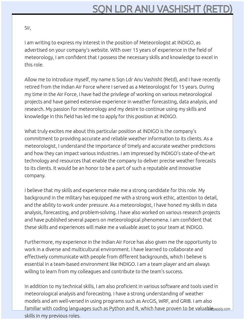Cover letter for meteorologist - LazyApply