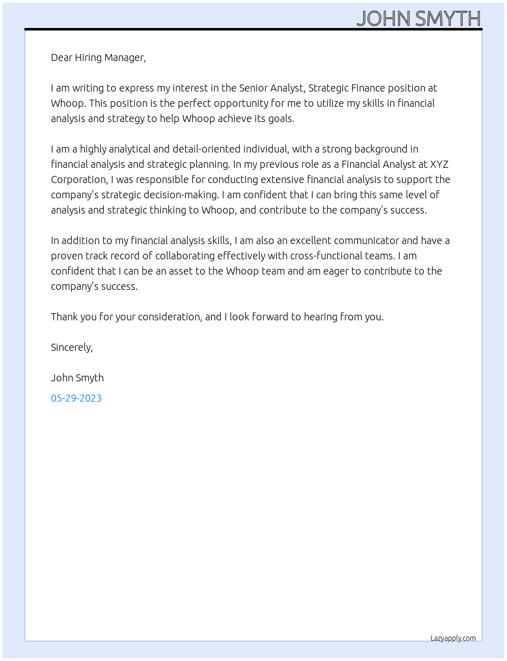 Senior Analyst, Strategic Finance At Whoop Cover Letter