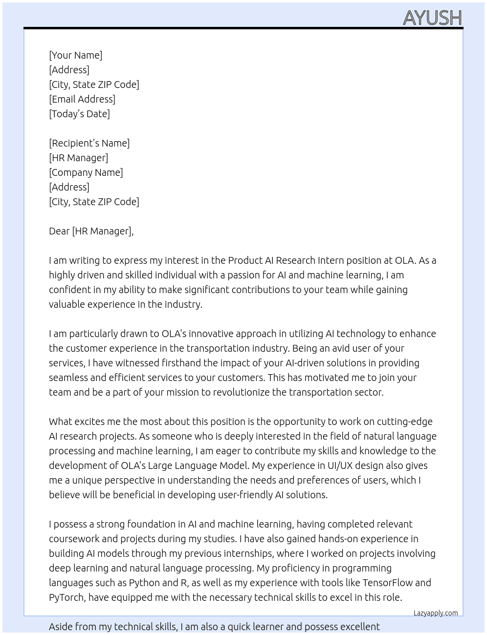 Product - AI Research Intern  At OLA Cover Letter