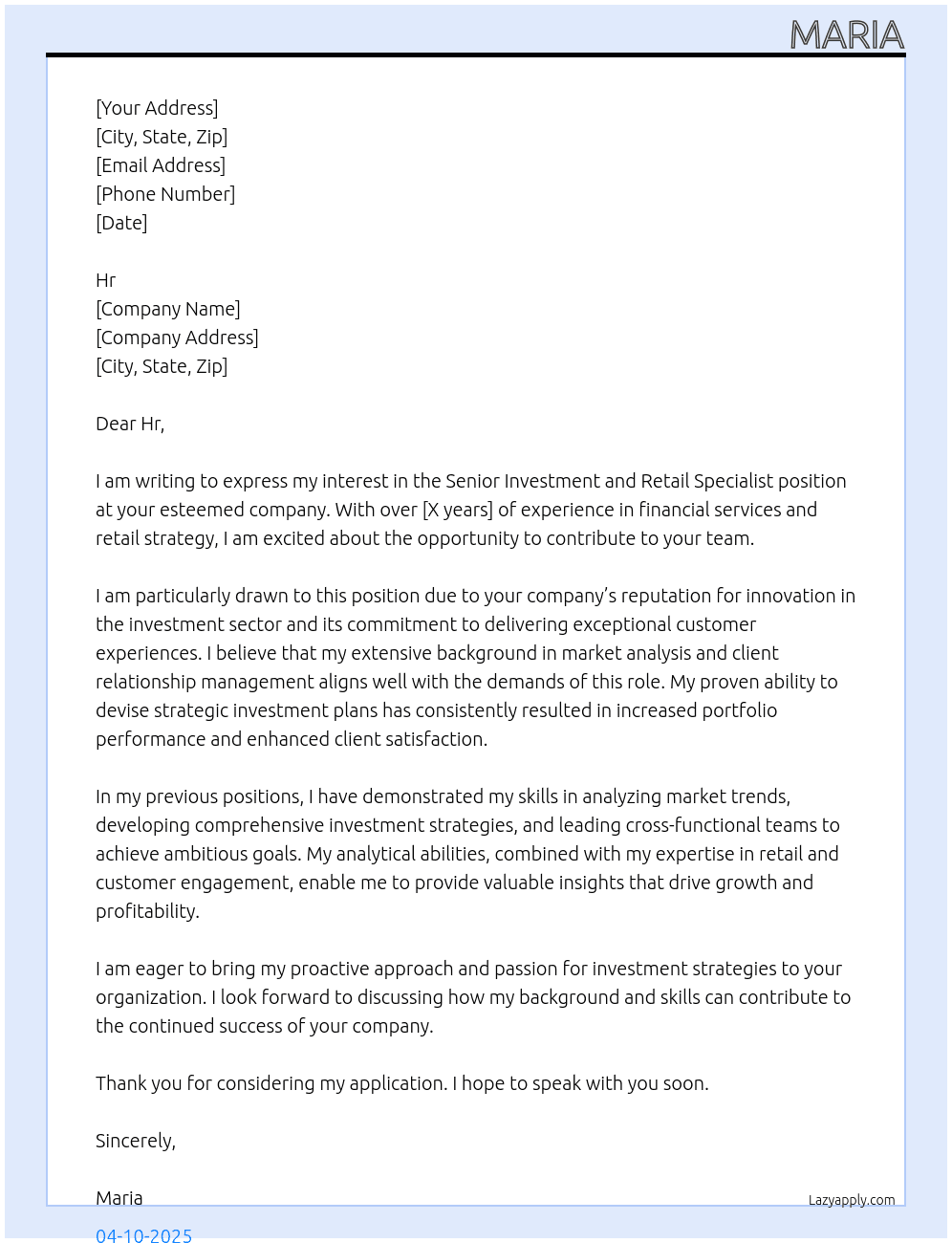 Cover letter for senior investment and retail specialist - LazyApply