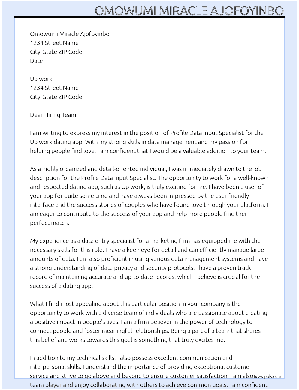 Profile data input specialist for dating app At Up work Cover Letter