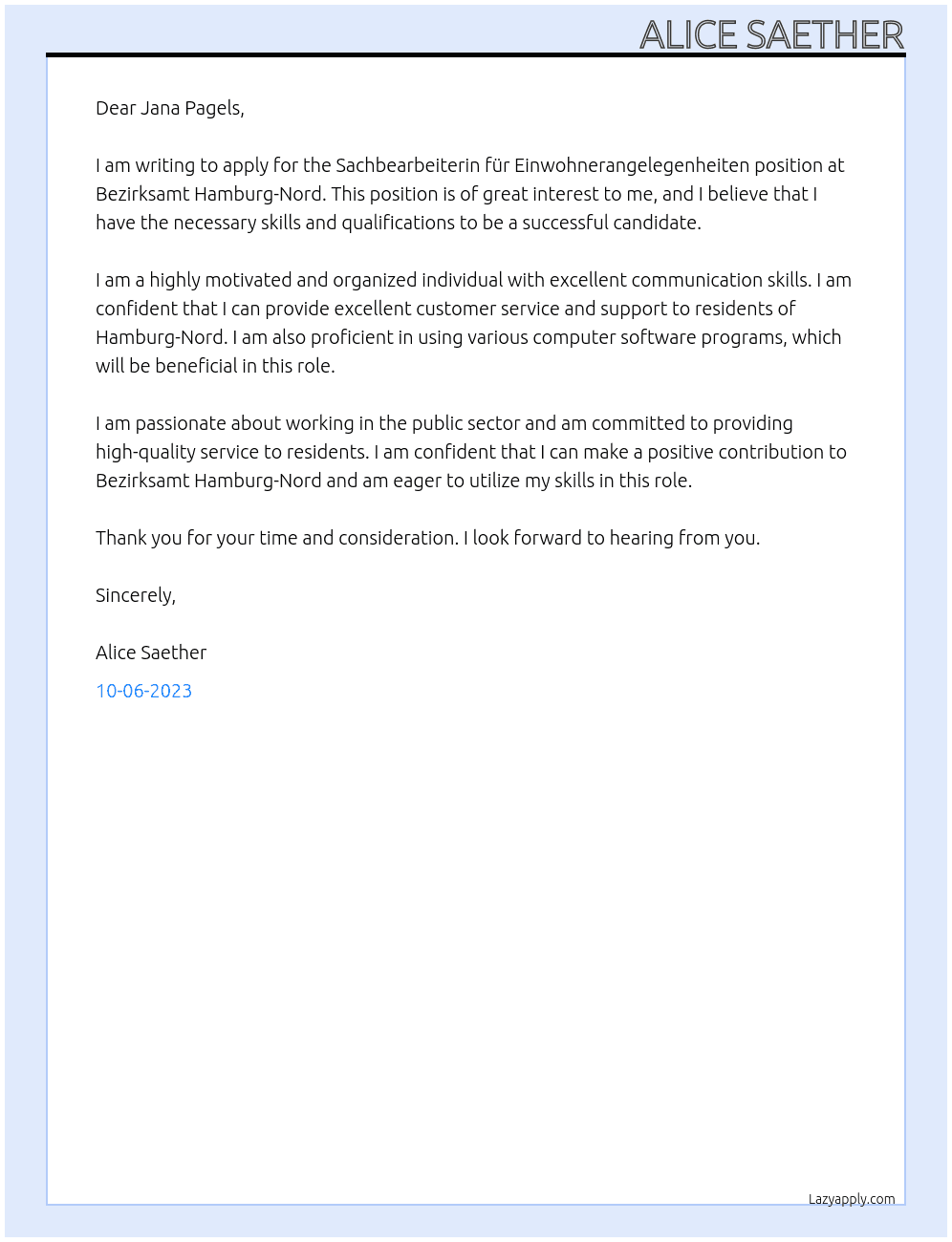 Sachbearbeiterin für Einwohnerangelegenheiten At Bezirksamt Hamburg-Nord  Personalmanagement Cover Letter