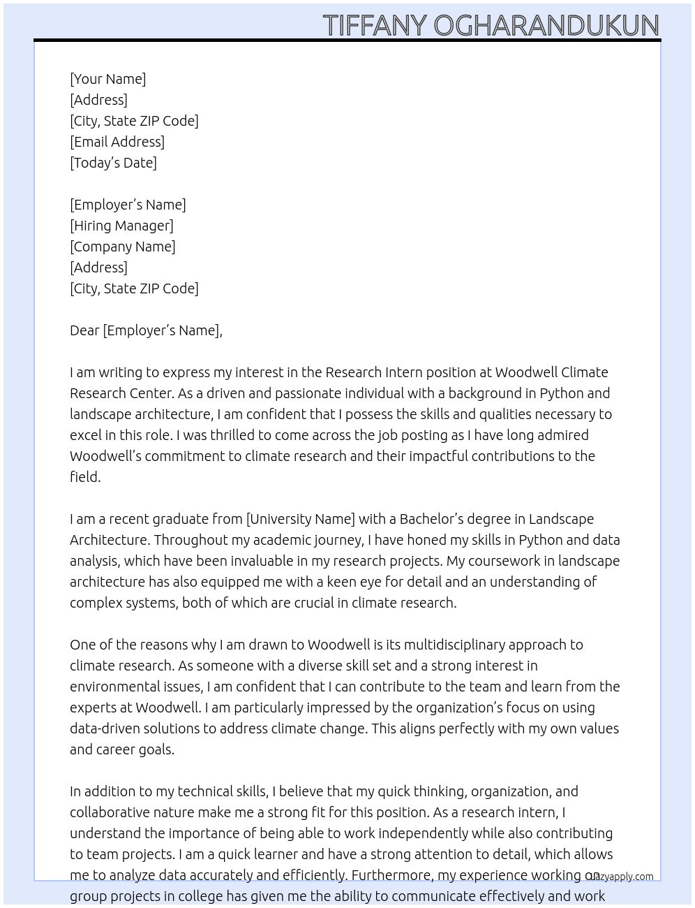 research intern At woodwell climate research center Cover Letter