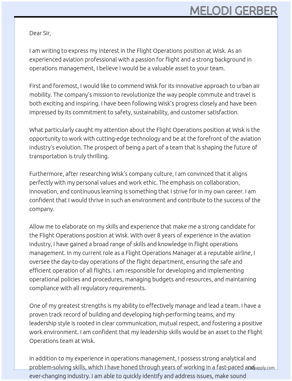 Flight Operations At Wisk Cover Letter