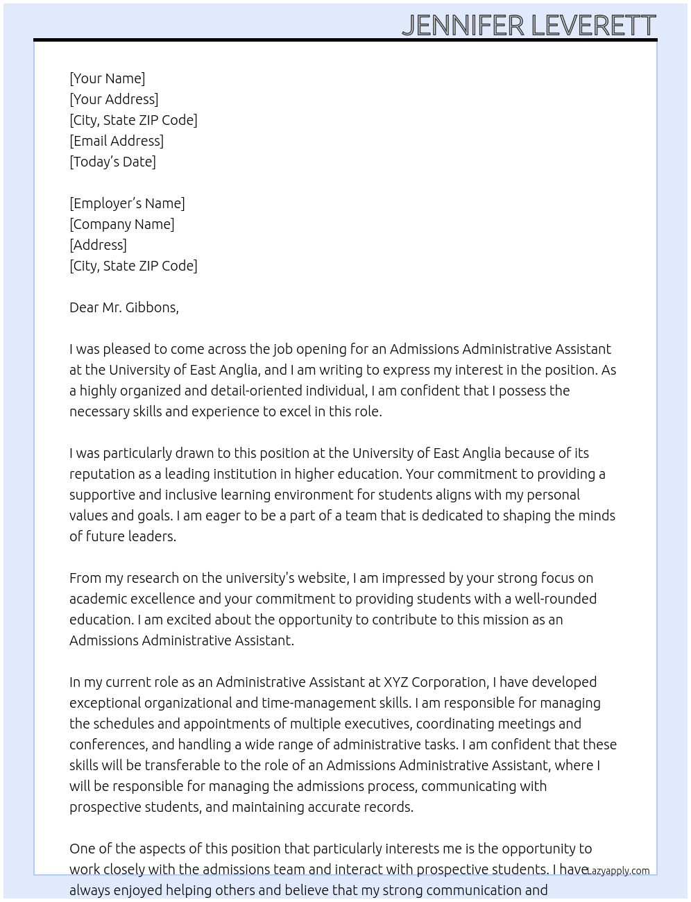 Admissions Administrative Assistant At University of East Anglia  Cover Letter