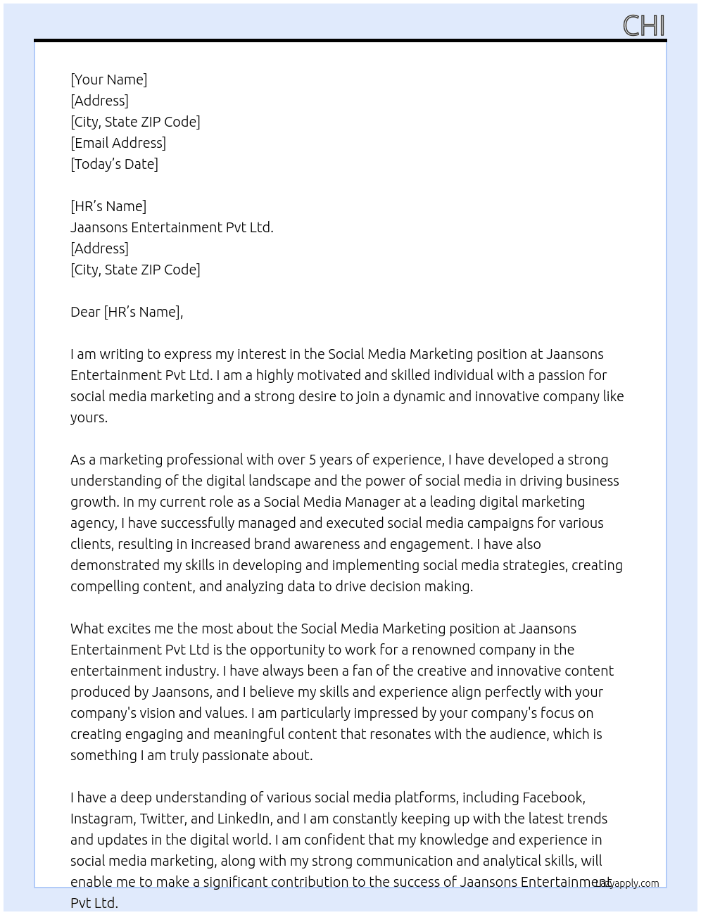 Social Media Marketing At Jaansons Entertainment pvt ltd. Cover Letter
