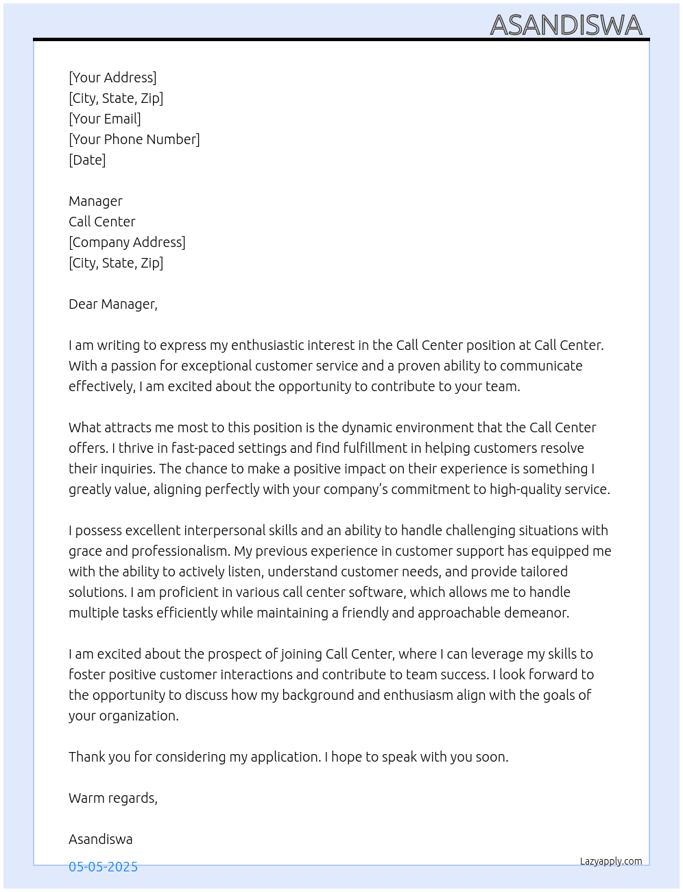  Call center At  Call center Cover Letter