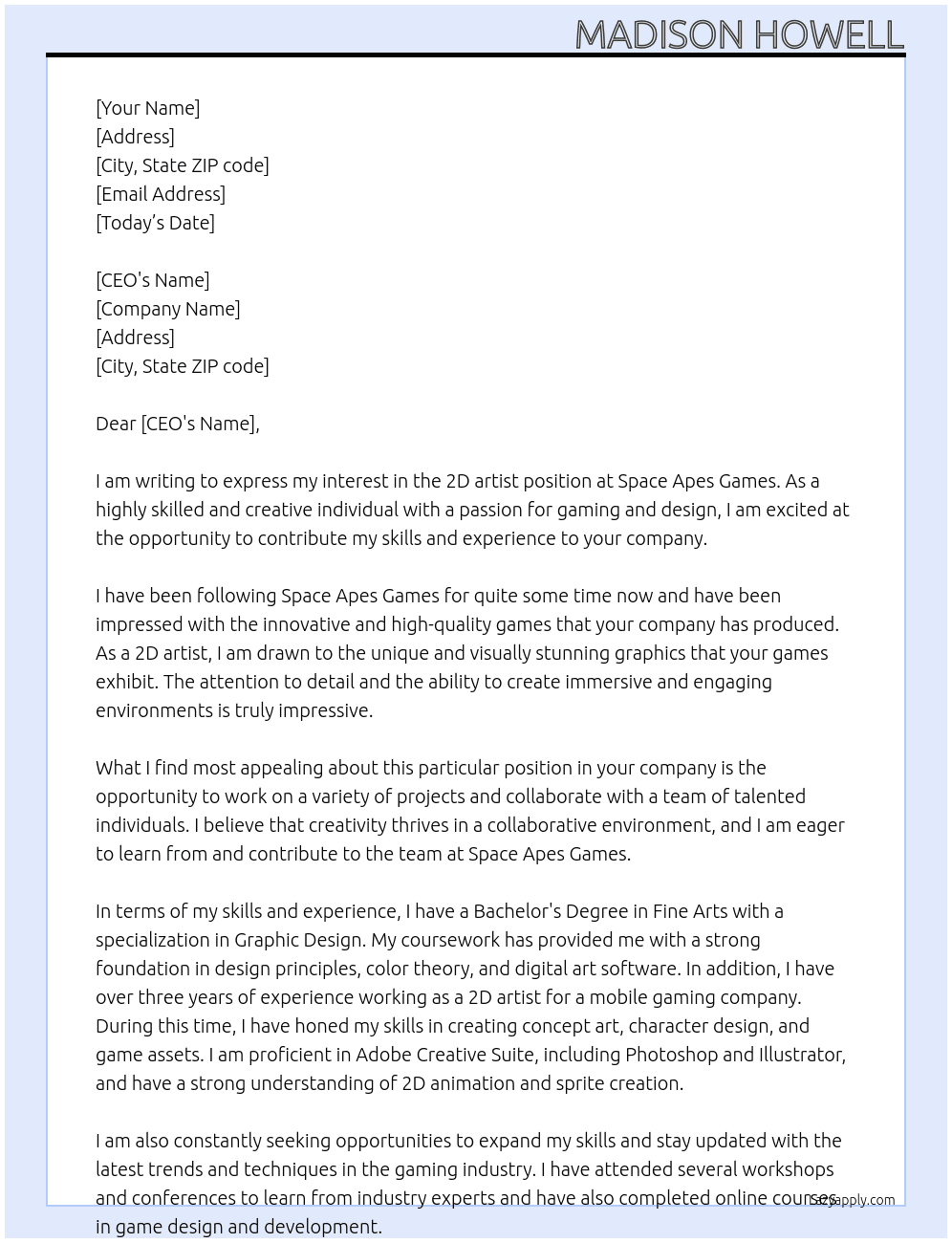 2D artist At Space apes Games Cover Letter