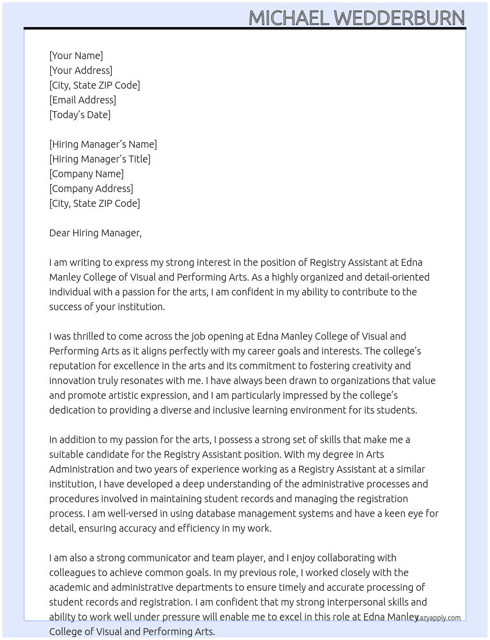 Cover letter for registry assistant - LazyApply