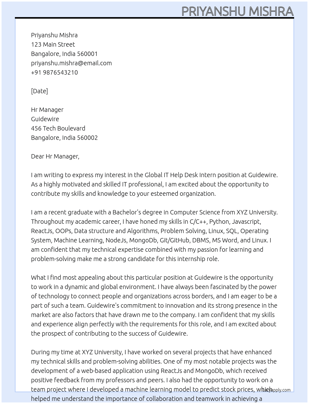 Global IT Help Desk Intern - Bangalore At Guidewire Cover Letter