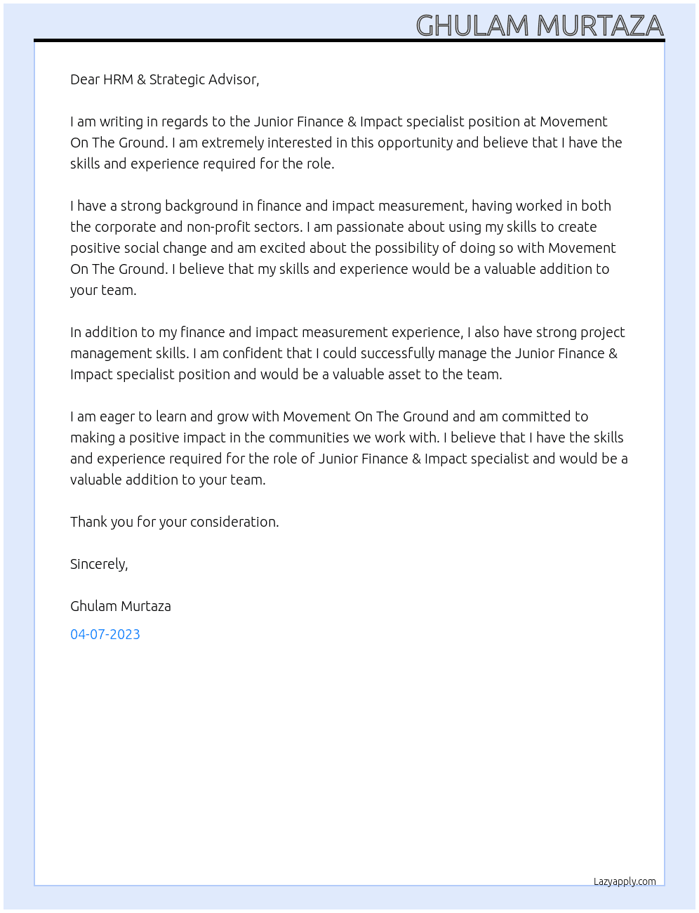 Junior Finance & Impact specialist At Movement On The Ground  Cover Letter