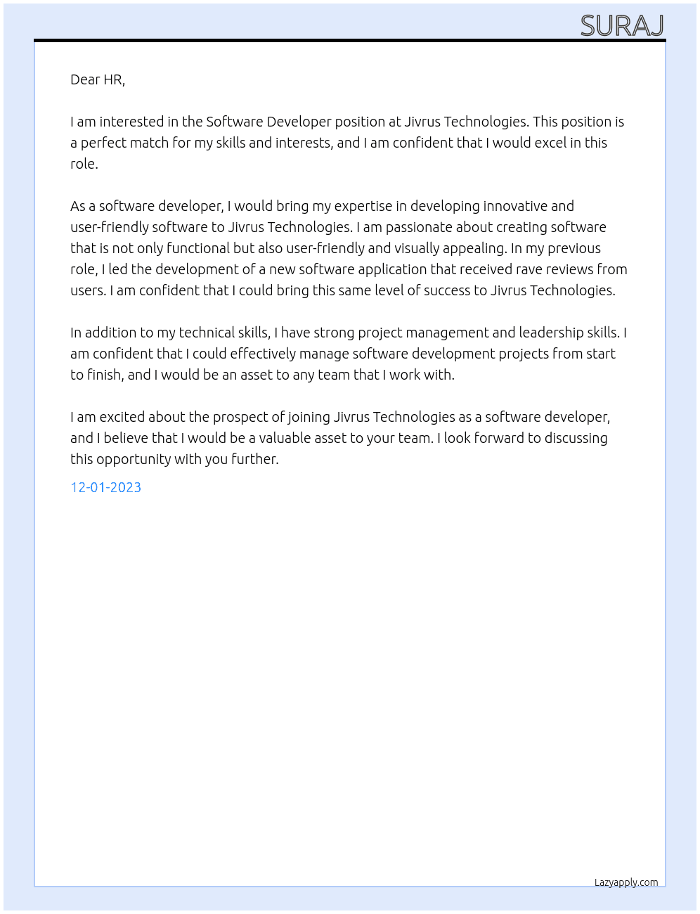 Software Developer At Jivrus Technologies Cover Letter