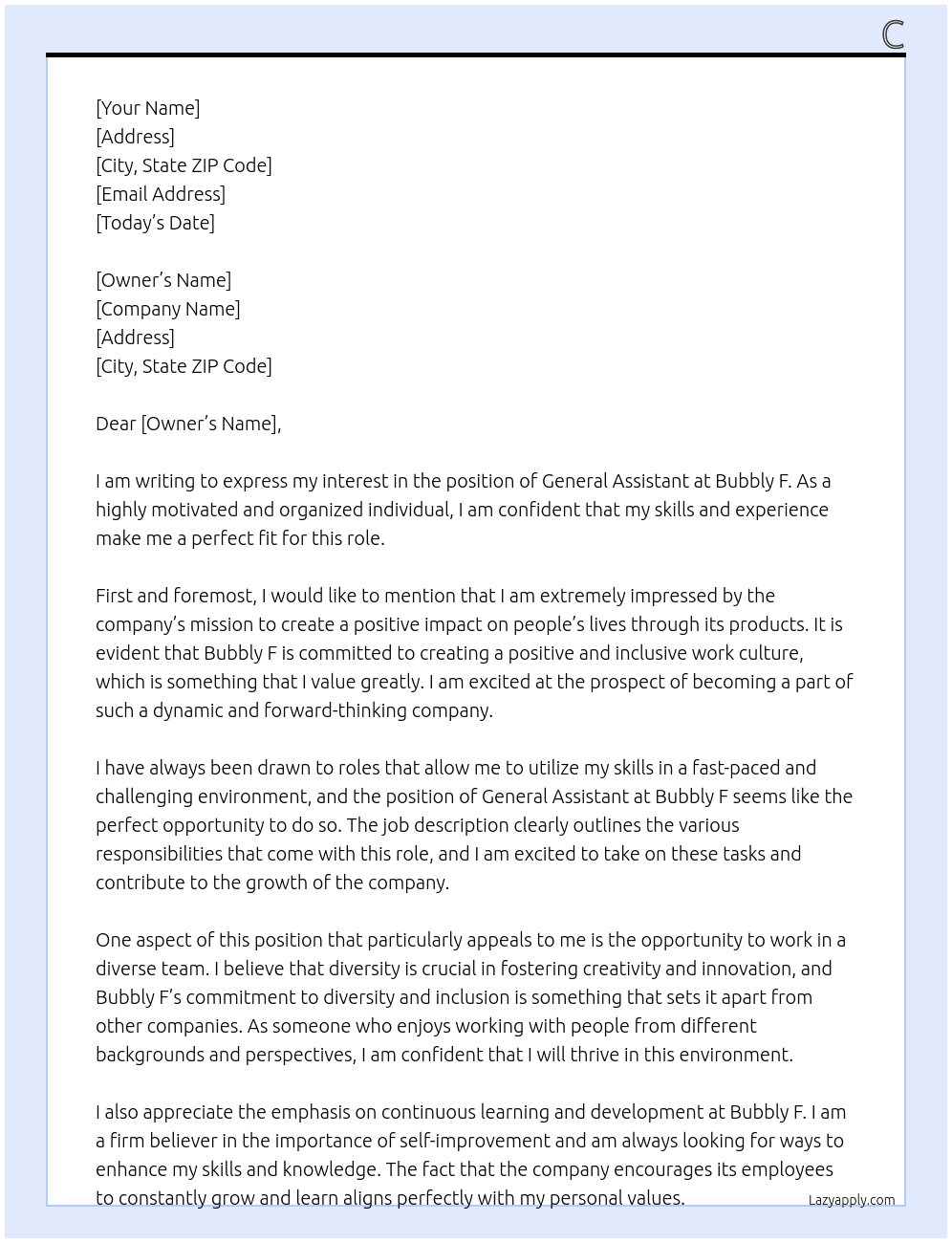 general assistant At Bubbly F Cover Letter