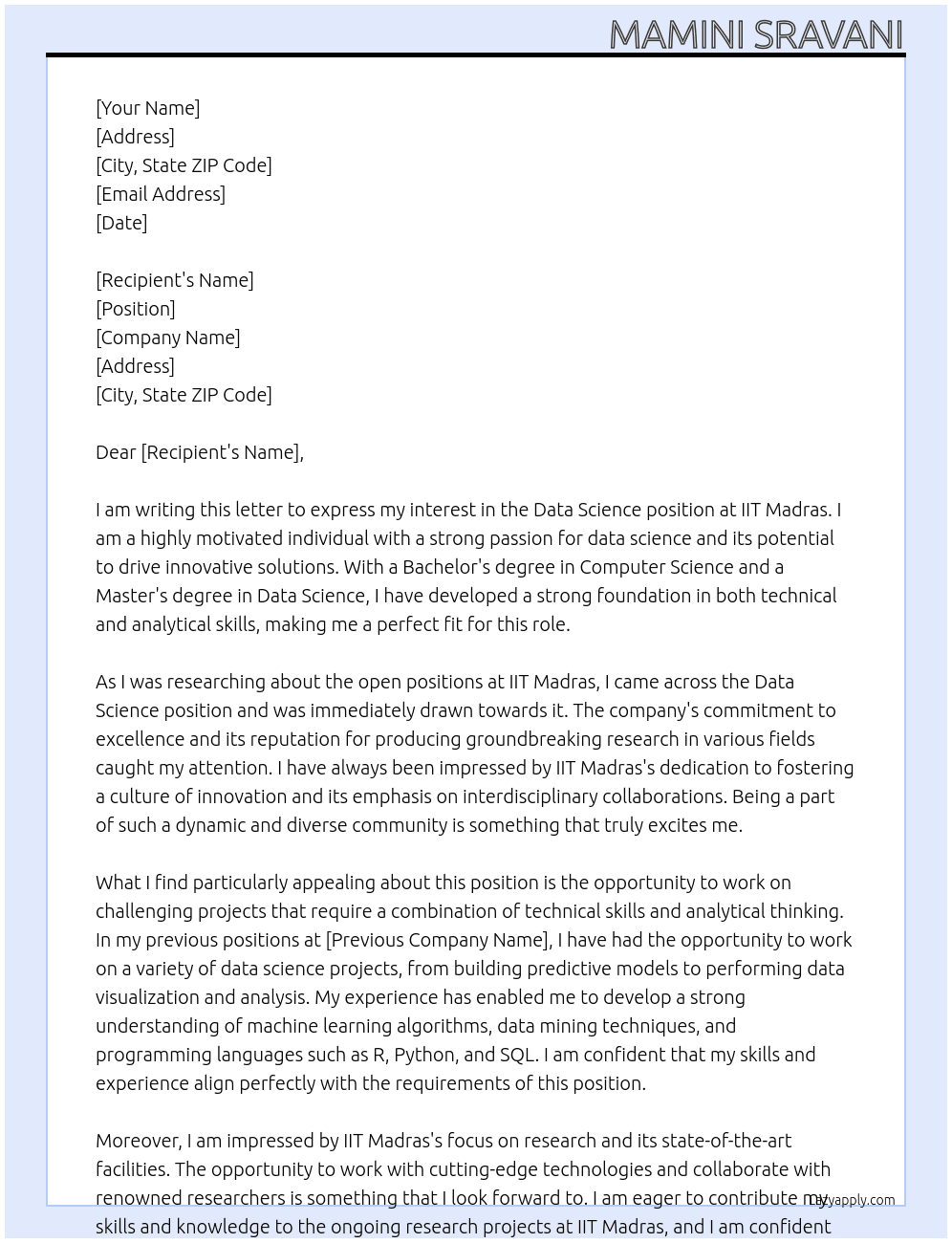Data Science At IIT Madras Cover Letter