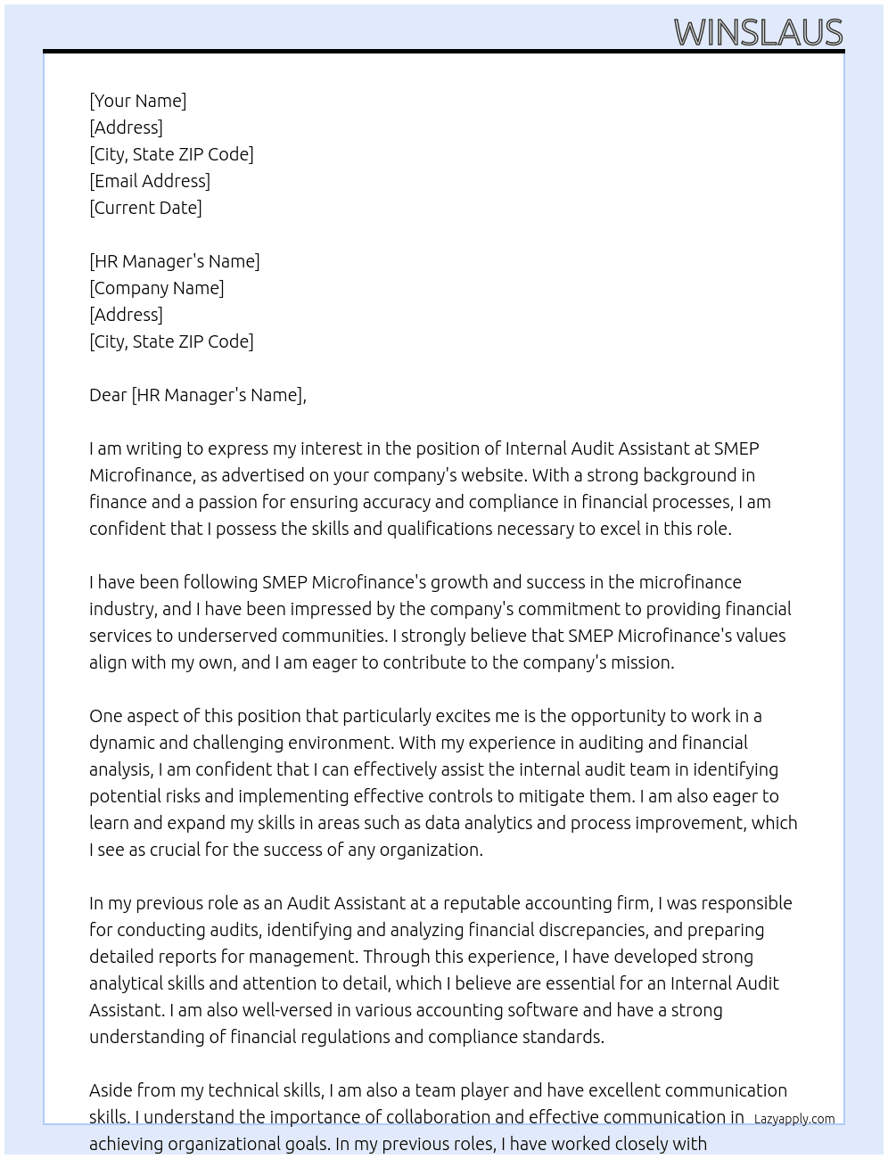 internal audit assistant At smep micrifinance Cover Letter