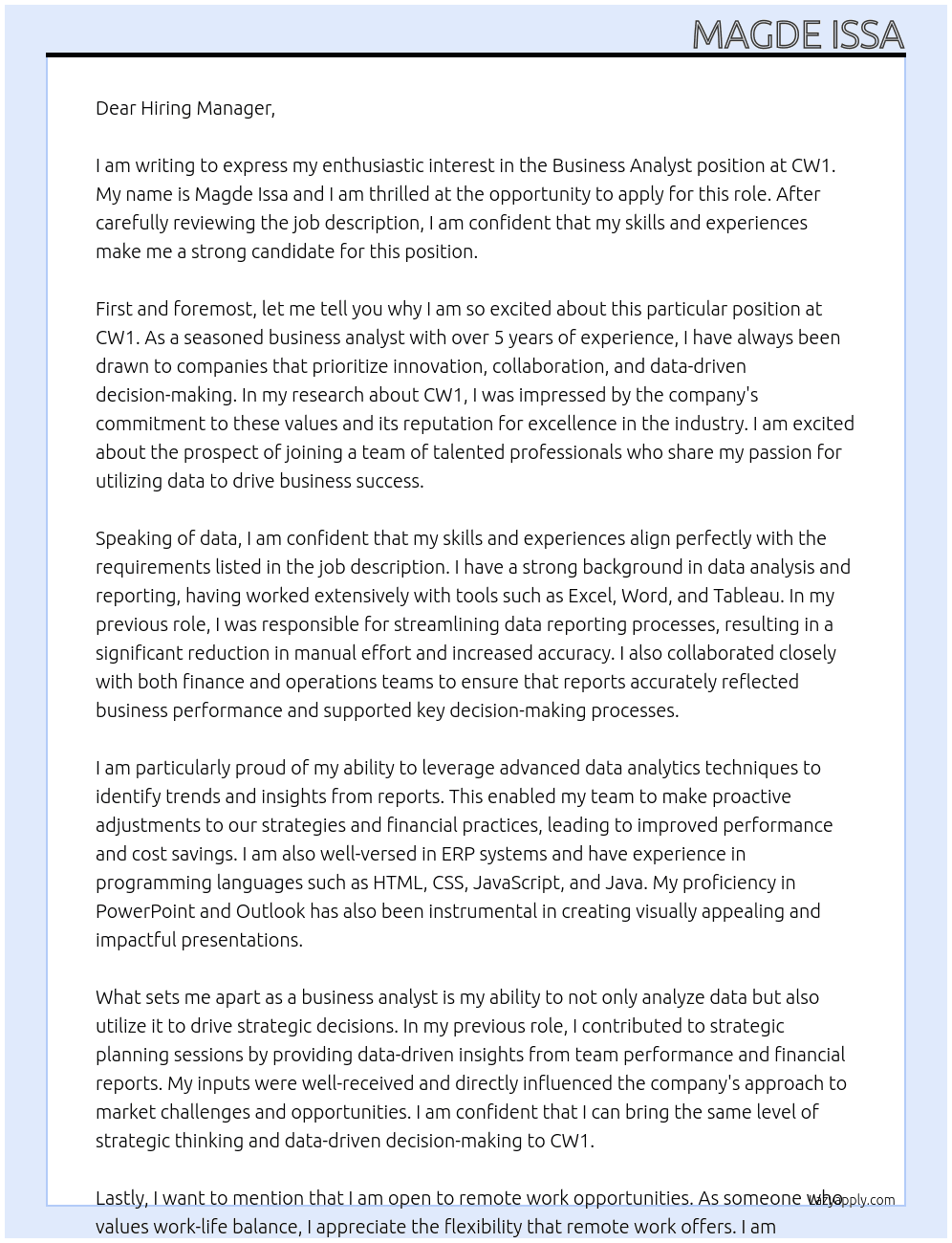 Business analyst At CW1 Cover Letter