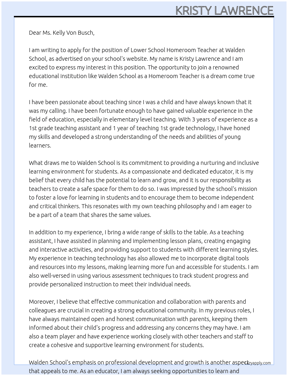 Lower School Homeroom Teacher At Walden School Cover Letter