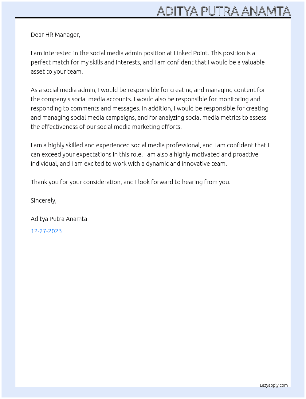 social media admin At Linked Point Cover Letter