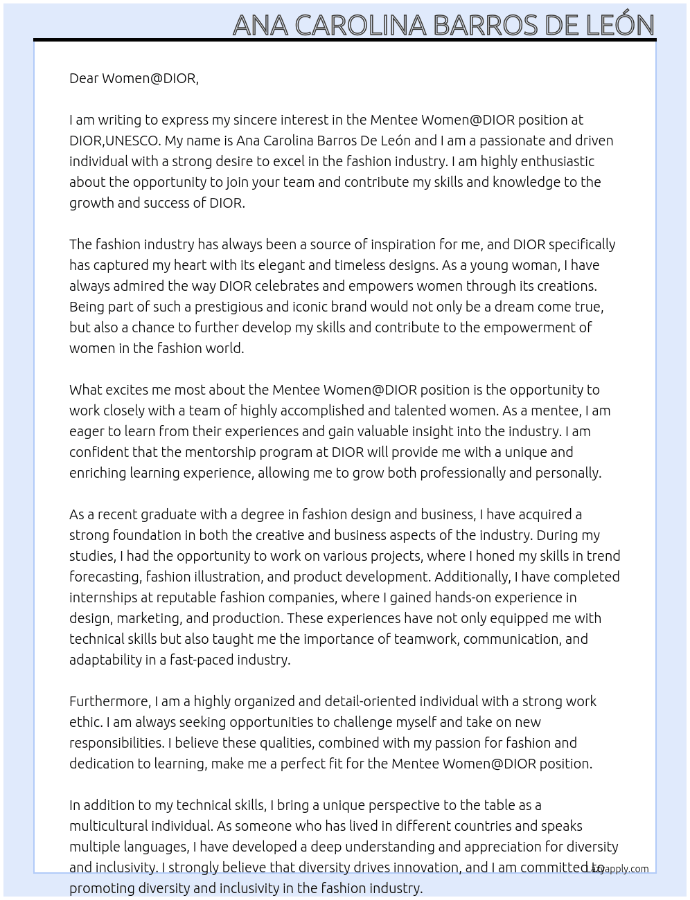 Mentee Women@DIOR At DIOR,UNESCO Cover Letter