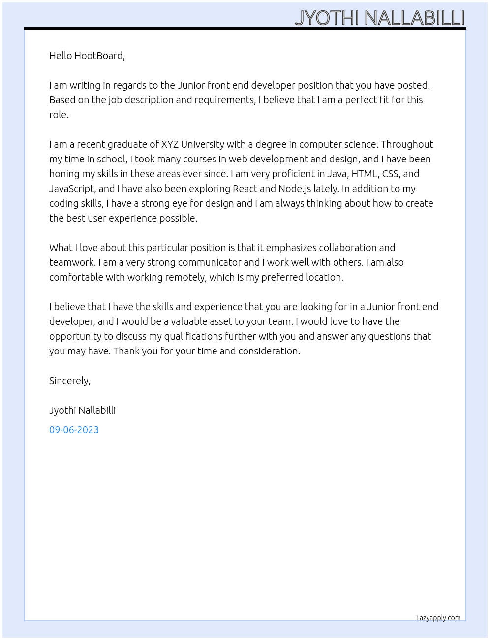 Junior front end developer  At HootBoard Cover Letter