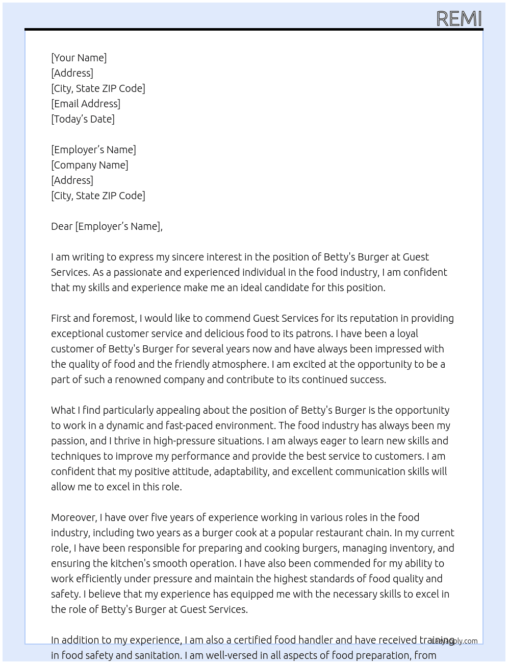 betty's burger  At guest survises  Cover Letter