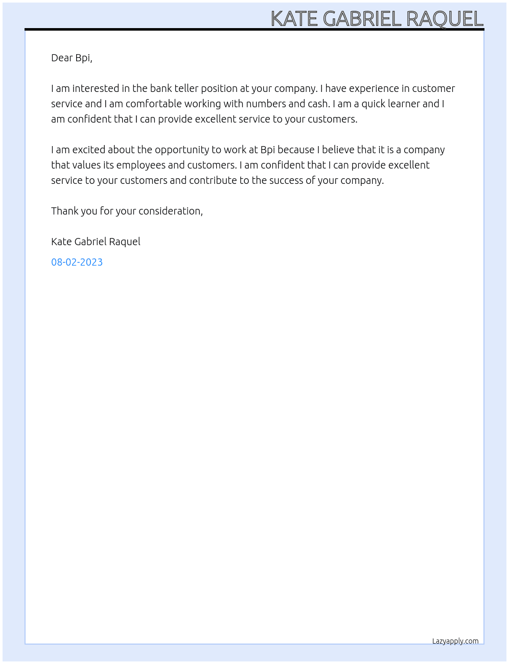 Bank teller At Bpi  Cover Letter
