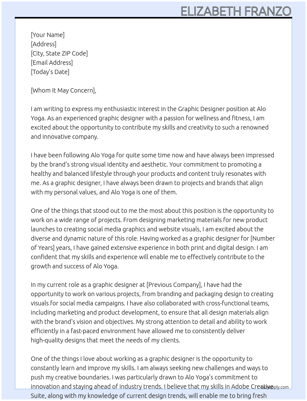 Graphic Designer At Alo Yoga Cover Letter