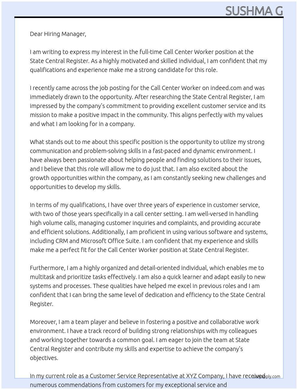 Call Center At STATE CENTRAL REGISTER CALL CENTER WORKER Cover Letter