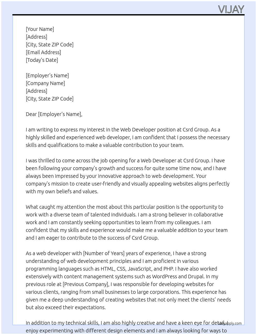 Web Developer At Csrd Group Cover Letter