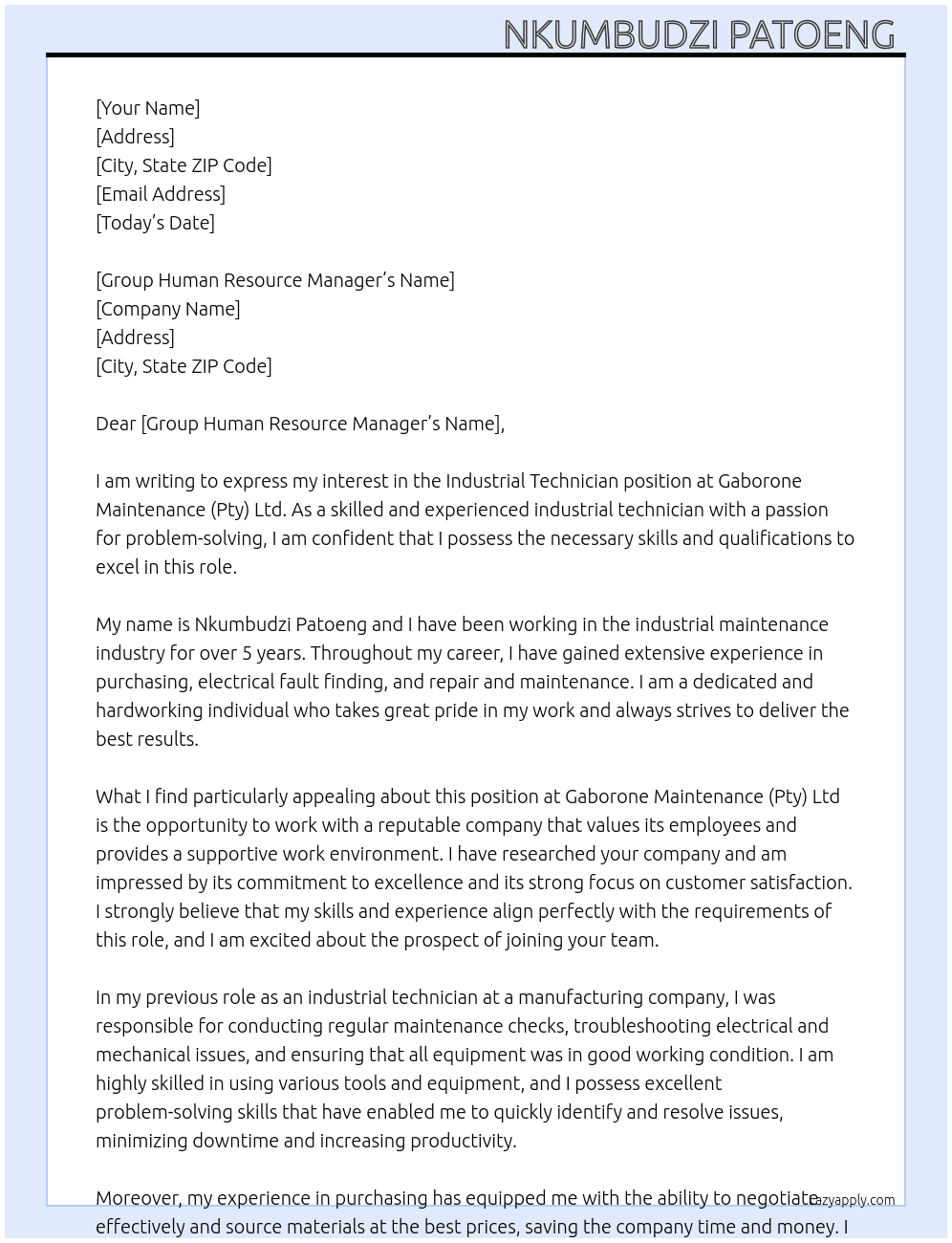 Cover letter for industrial technician - LazyApply