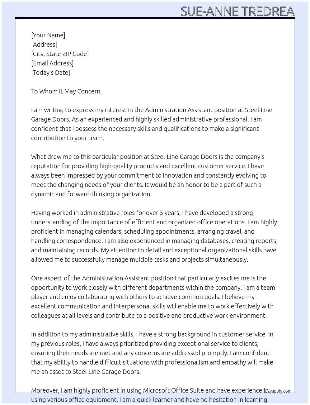 Administration Assistant At Steel-Line Garage Doors Cover Letter