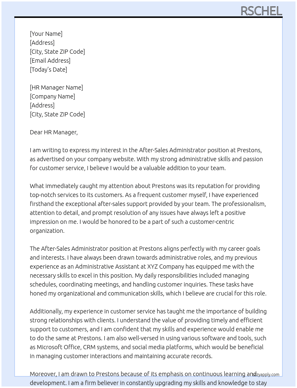 After-Sales Administrator At Prestons Cover Letter