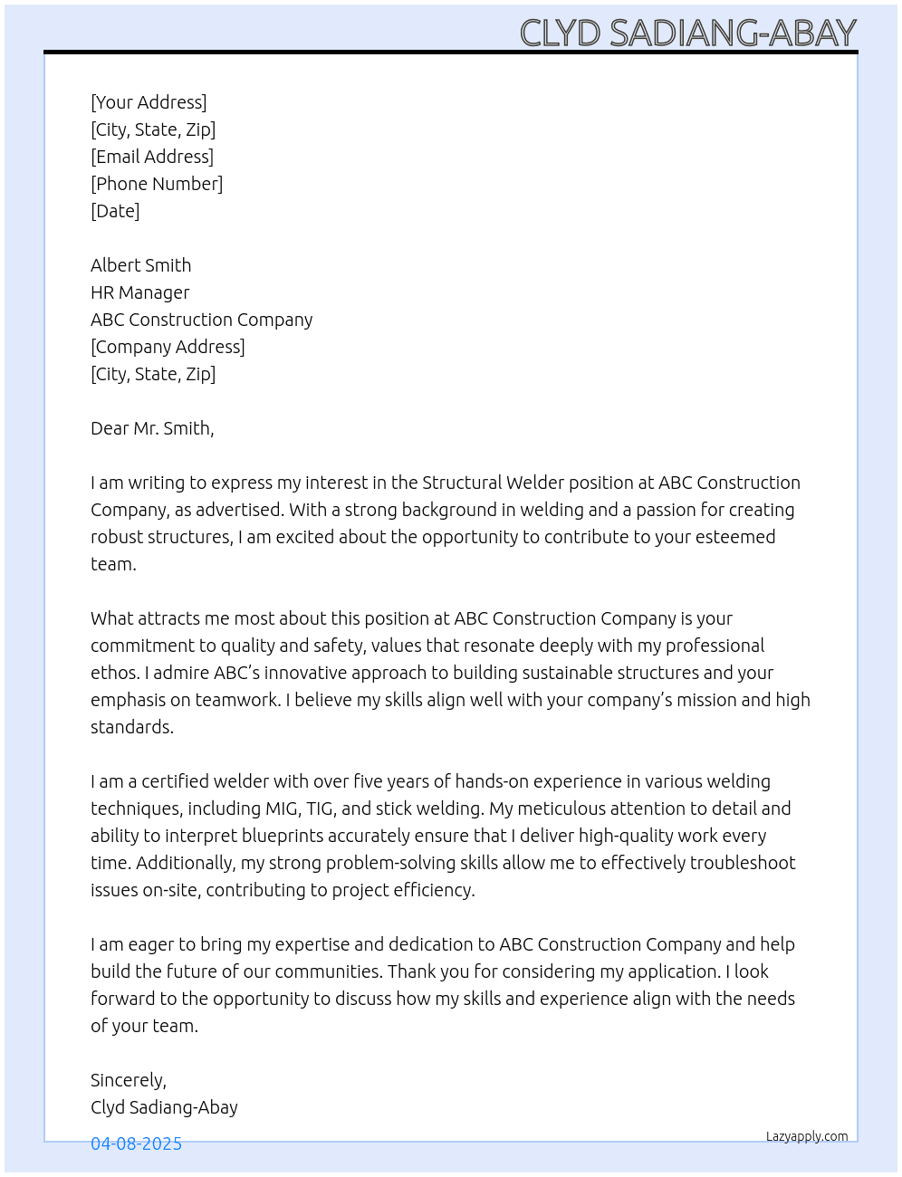 Cover letter for structural welder - LazyApply