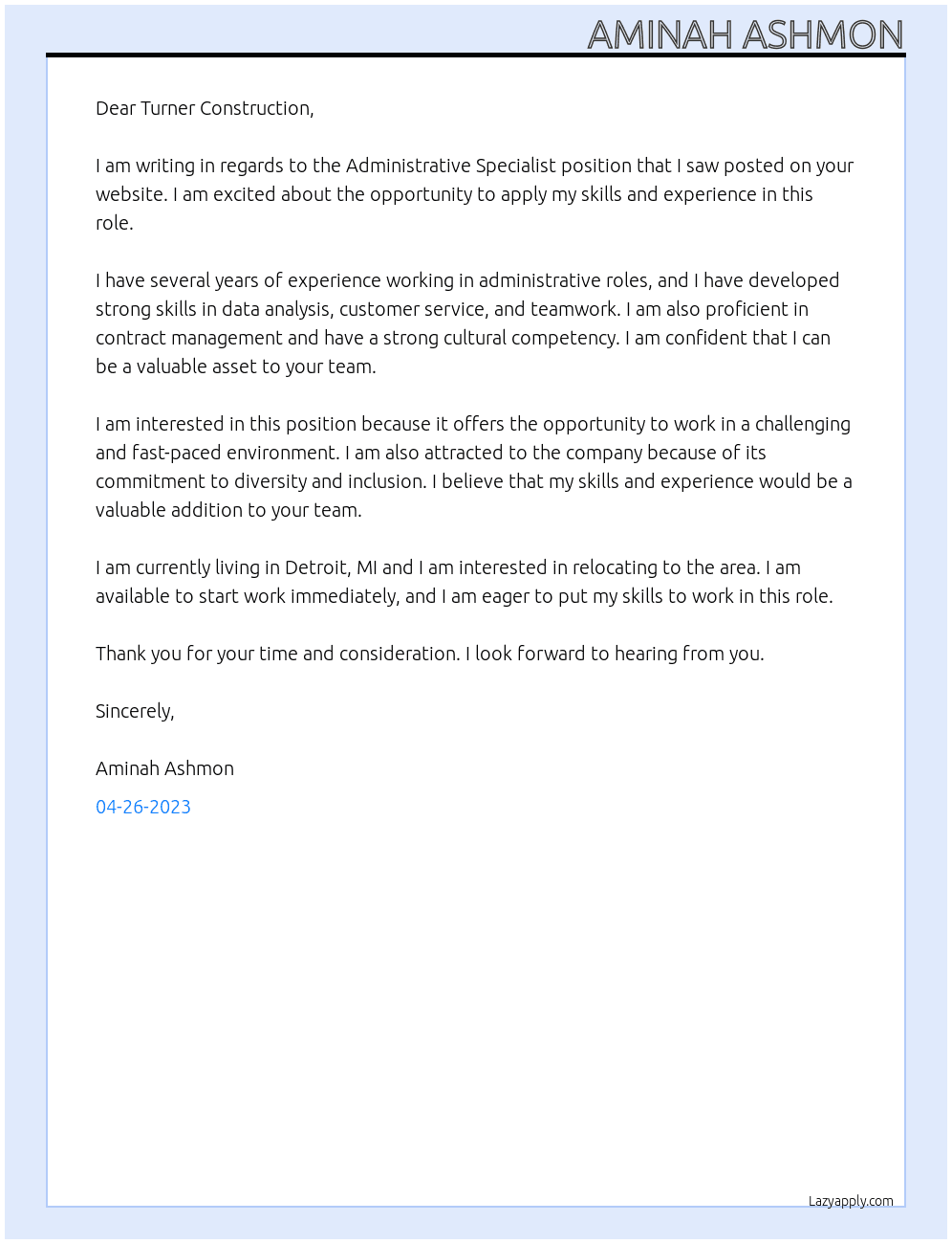 Administrative Specialist At Turner Construction Cover Letter