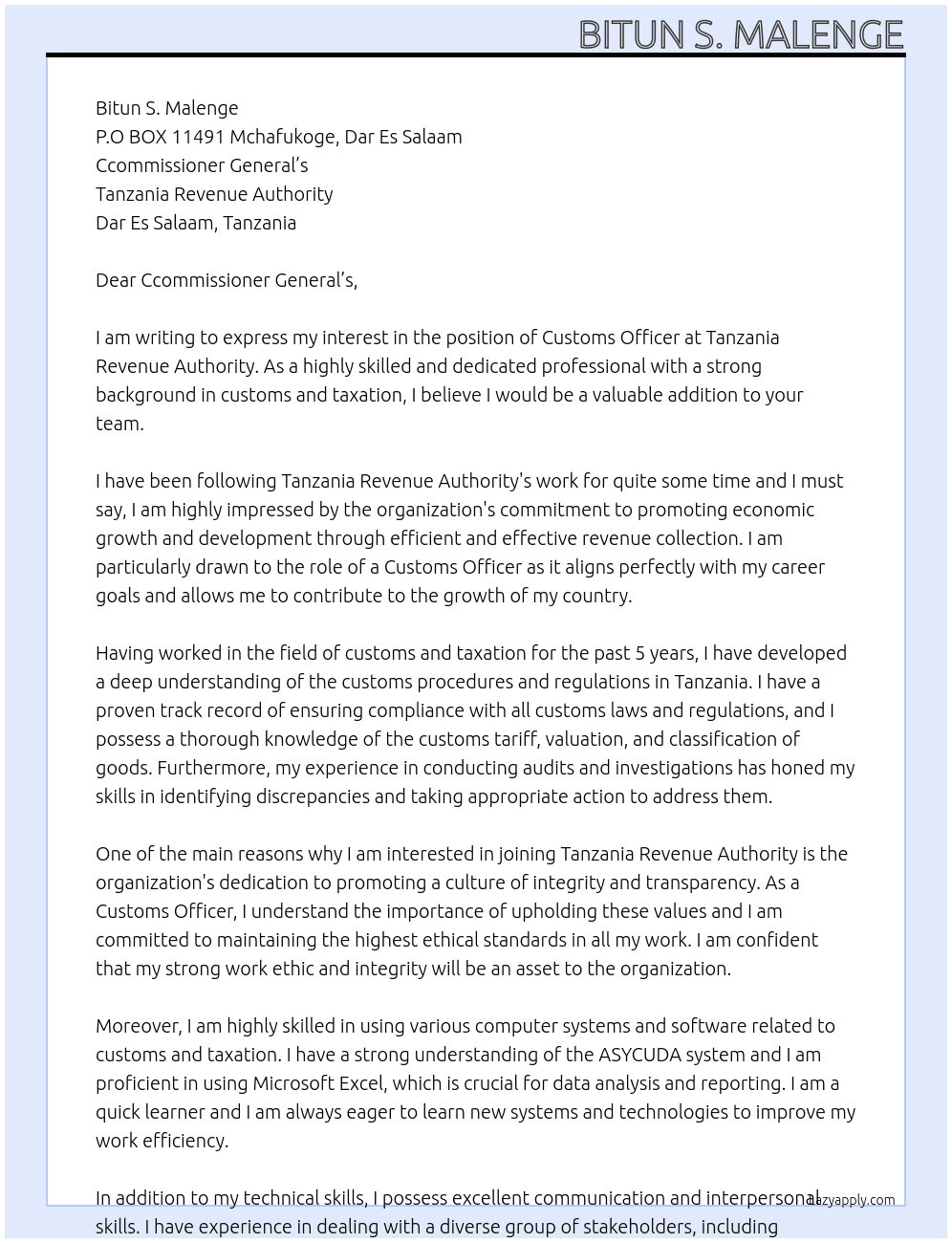 customs officer At Tanzania Revinue Authority Cover Letter