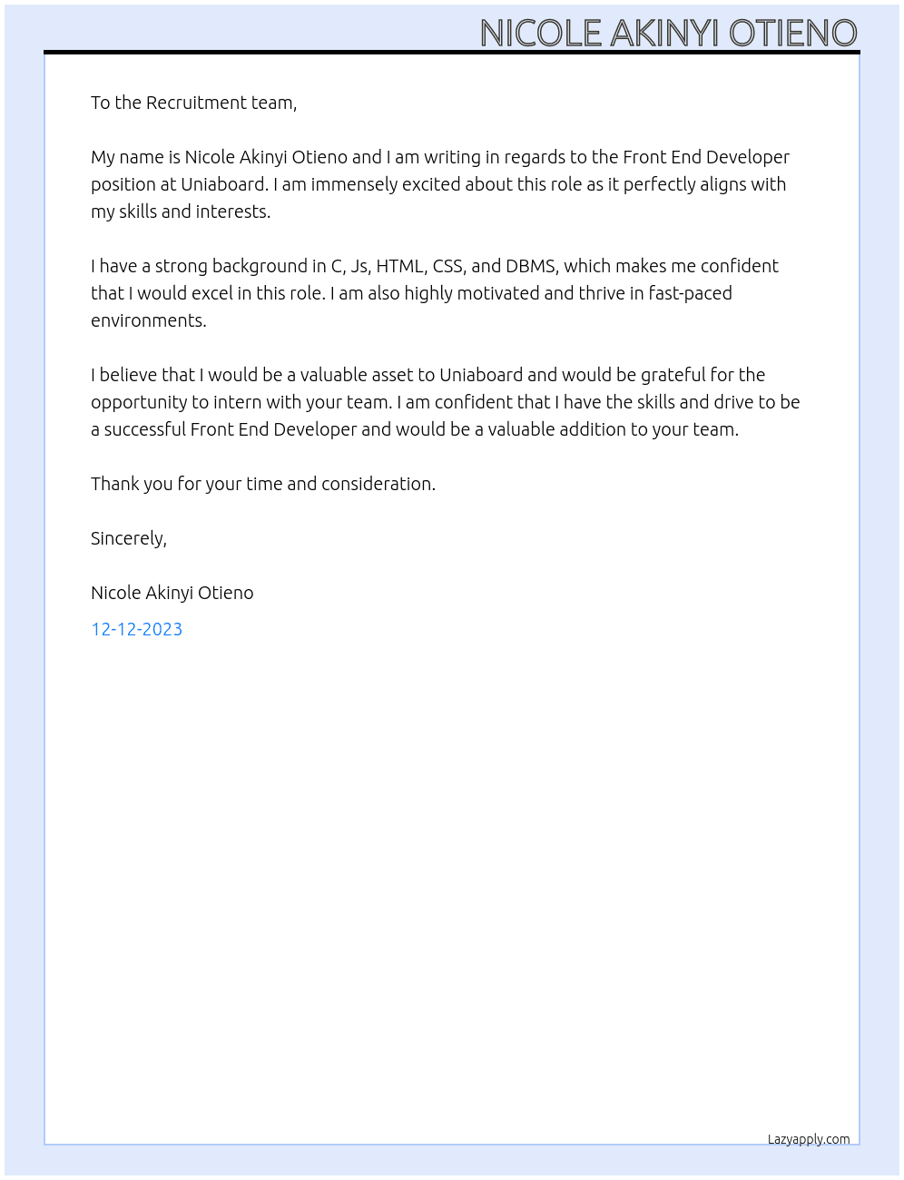 Front End Developer At UNIABOARD Cover Letter