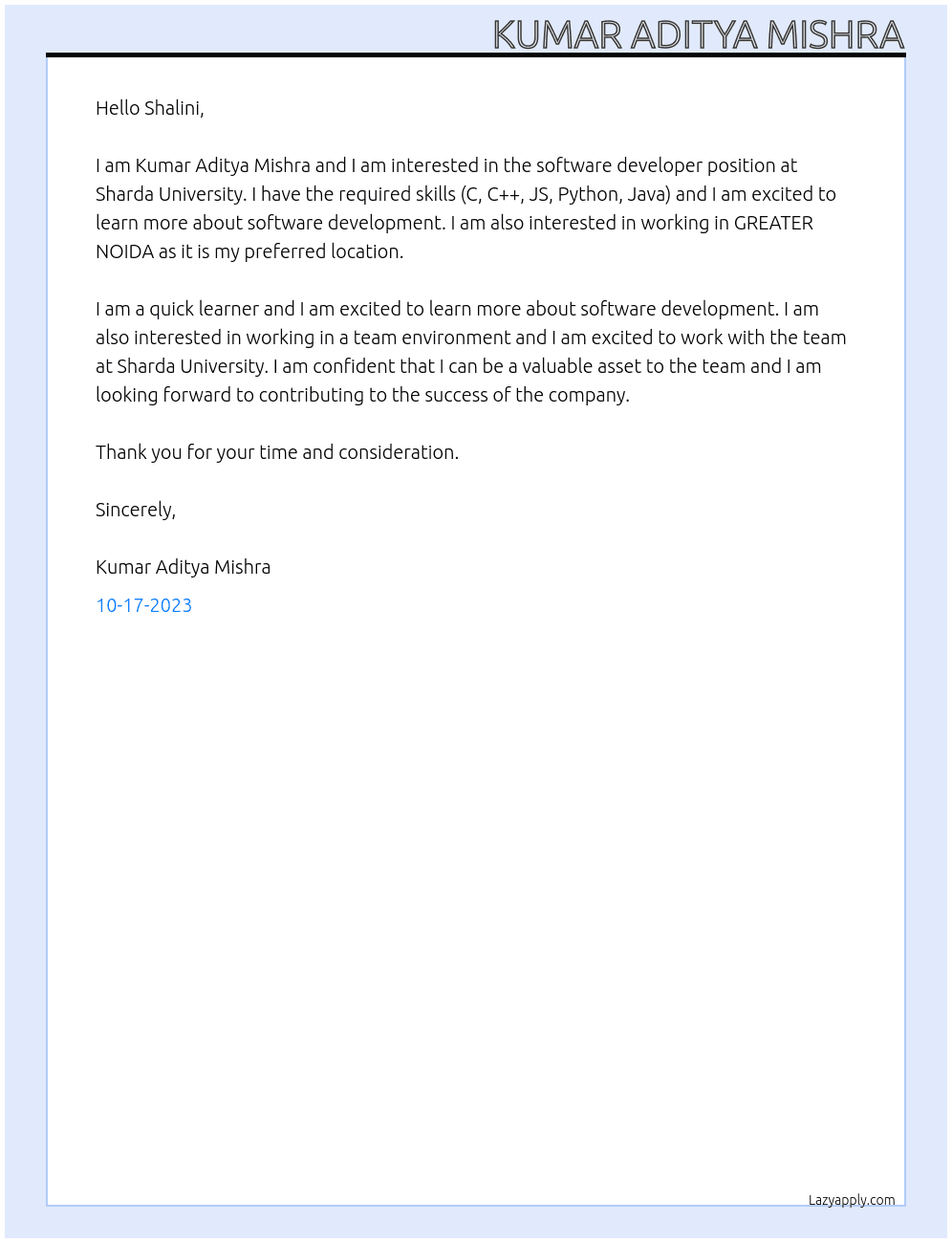 Software Developer At Sharda University Cover Letter