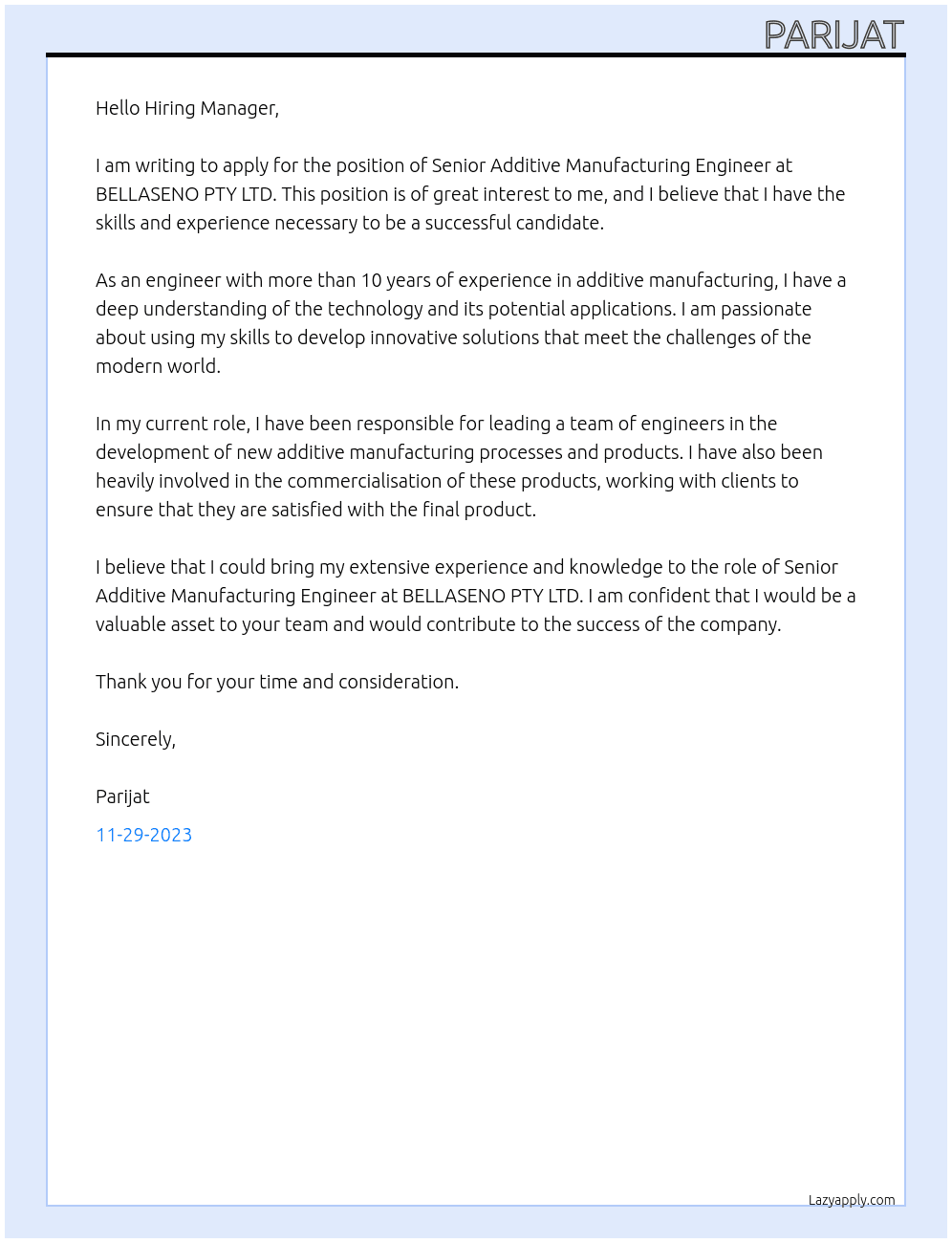 Senior Additive Manufacturing Engineer At BELLASENO PTY LTD Cover Letter