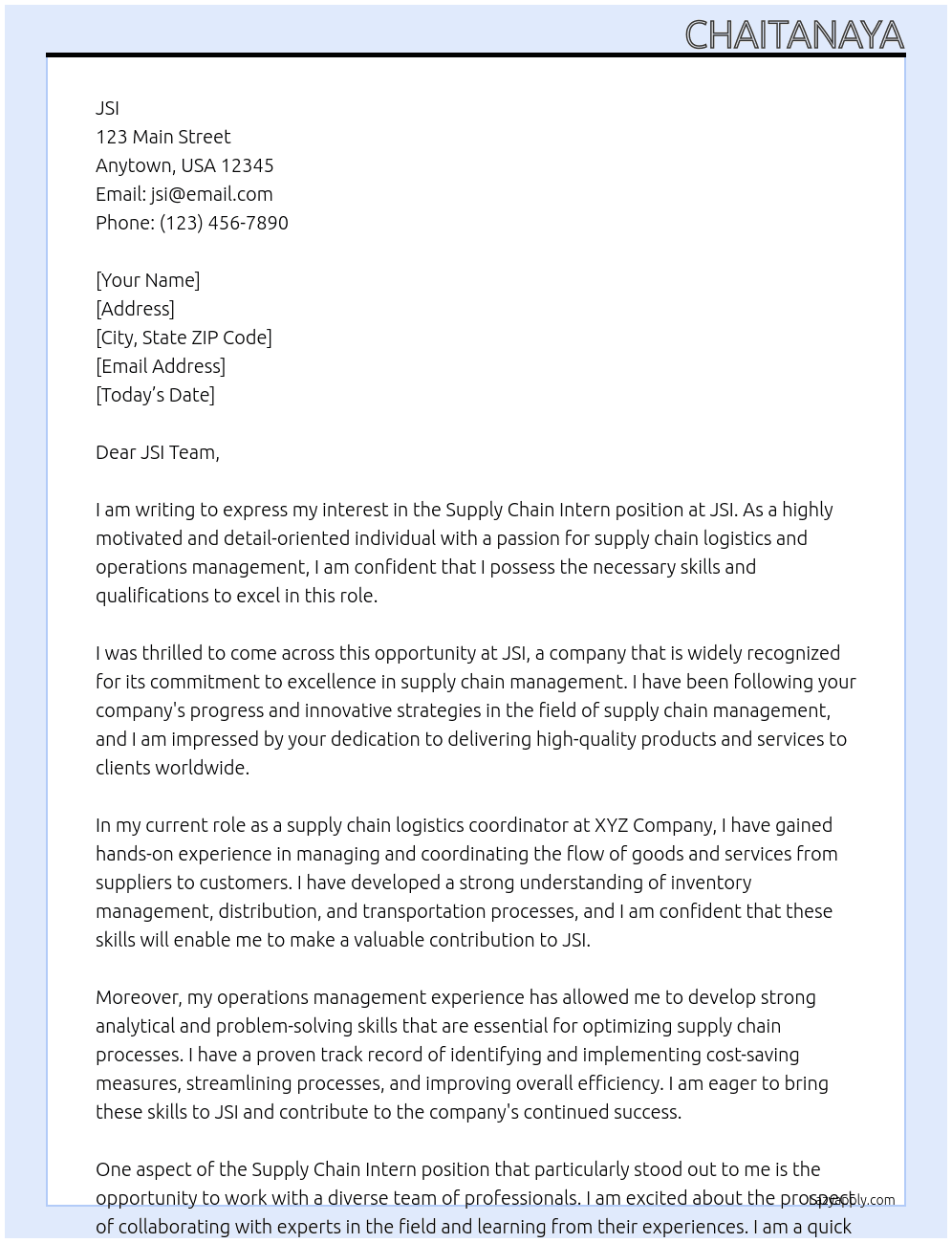 Supply chain  At JSI Cover Letter