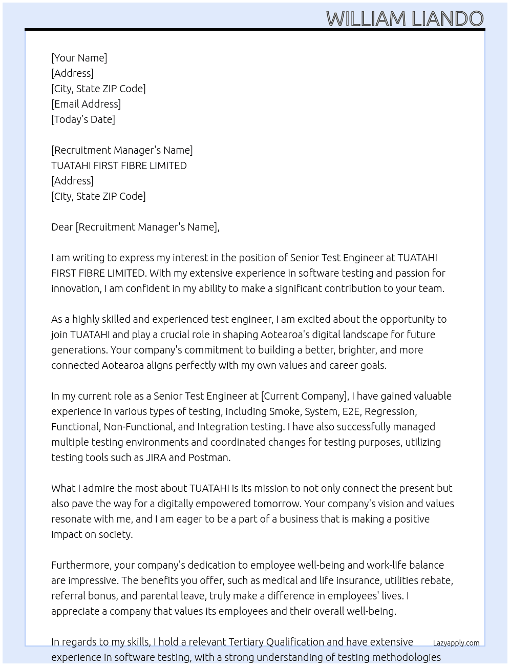 Senior Test Engineer At TUATAHI FIRST FIBRE LIMITED Cover Letter