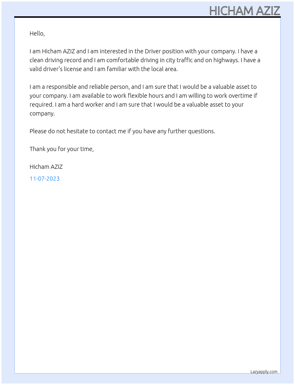 Driver At Driver position Cover Letter