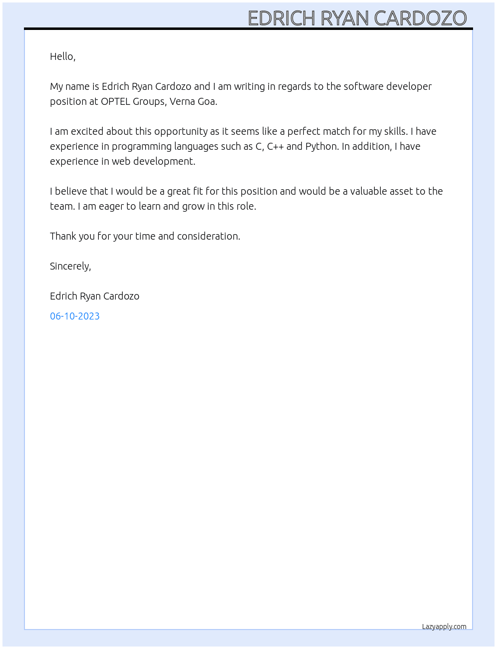Software developer  At OPTEL Groups, Verna Goa  Cover Letter