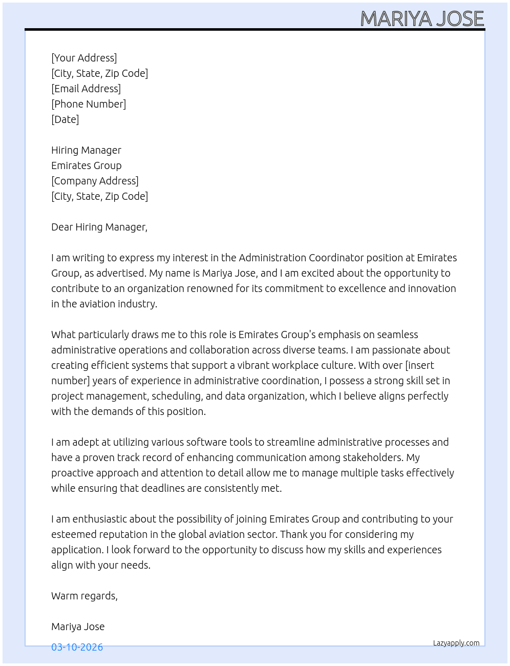 Cover letter for administration coordinator - LazyApply