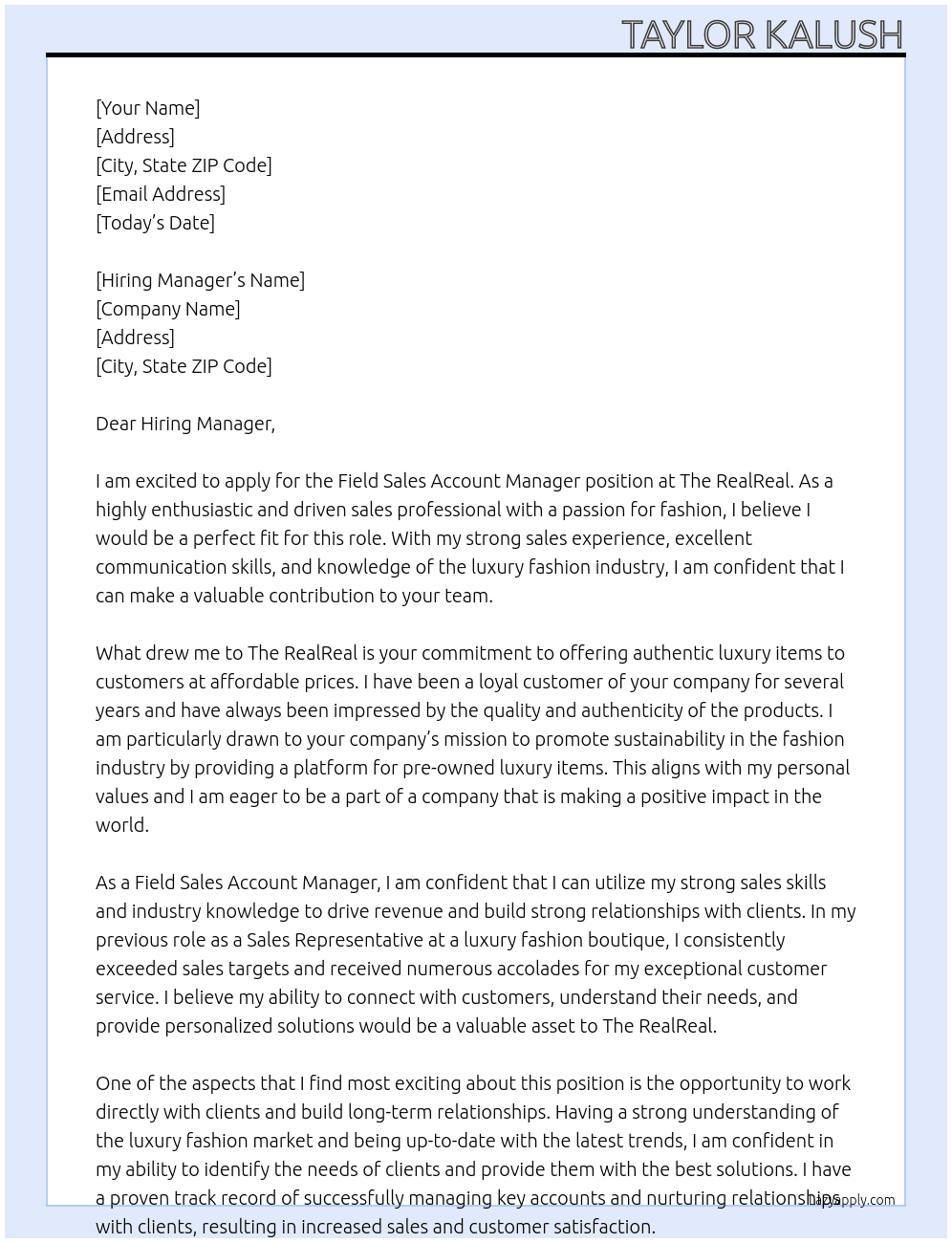 Field Sales Account Manager At The RealReal Cover Letter